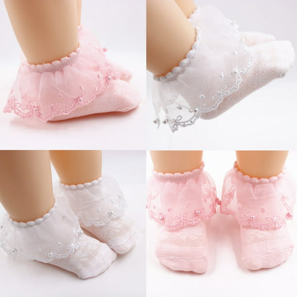 Baby Babies Infants Girls Pretty Tutu Socks Lace White Bow Pink Frilly Organza